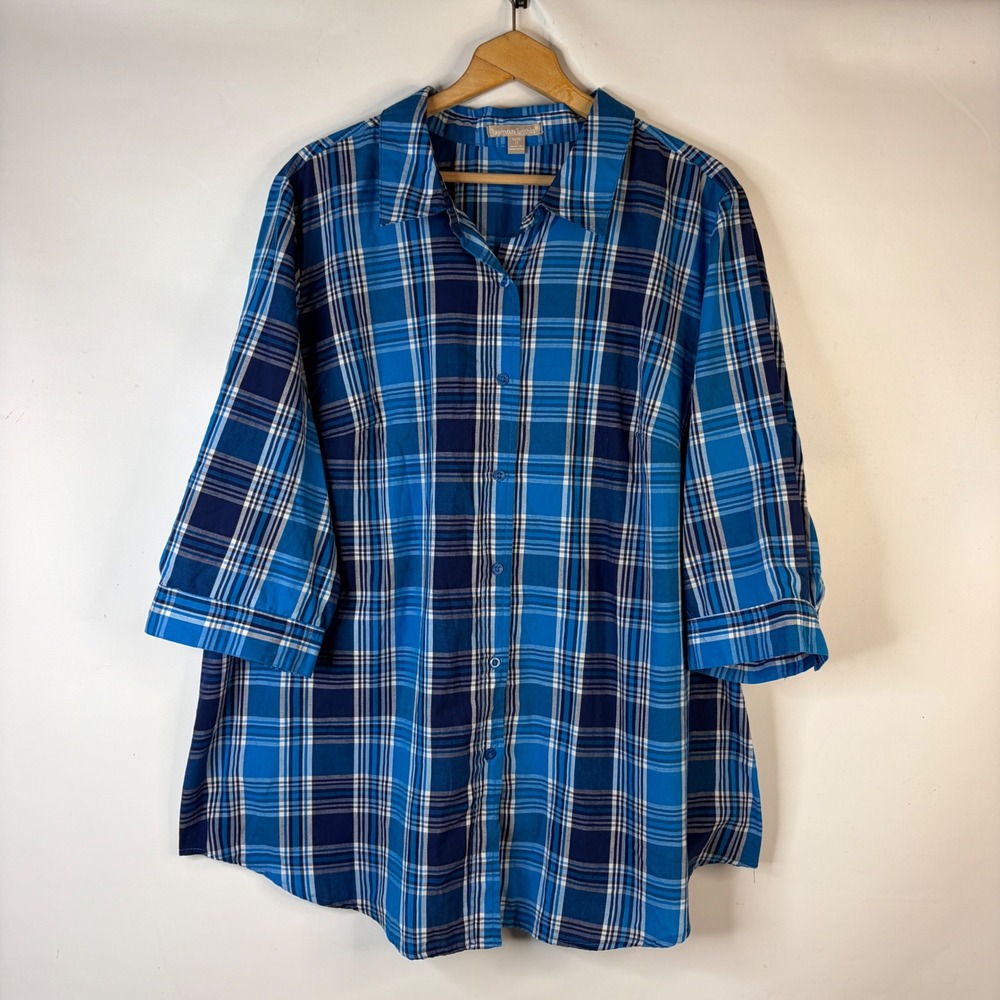 Woman Within Button Down Shirt Womens 2X Blue Plaid 3/4 Sleeve Casual 26/28